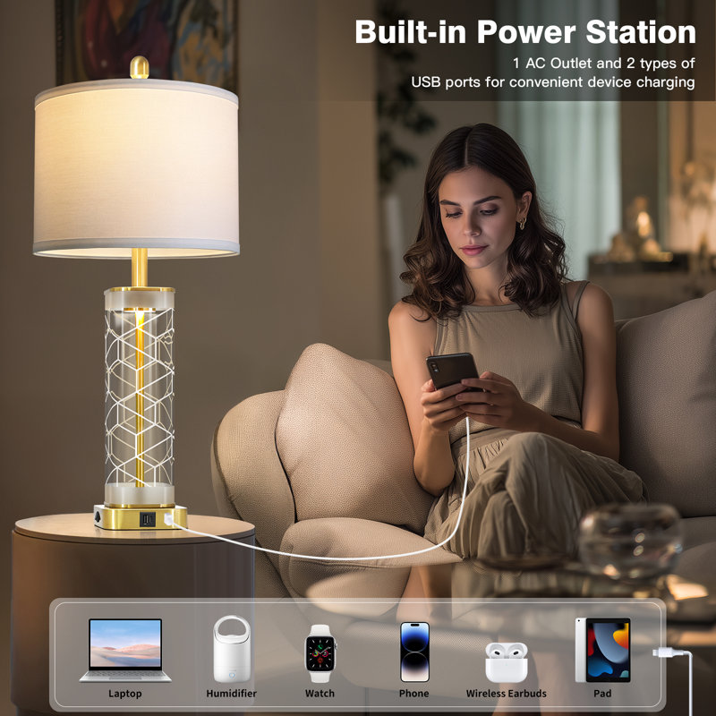 28" Modern Glass Table Lamp with Night Light, USB & Type-C Charging Ports, White Fabric Shade, 2-Light Design, Gold