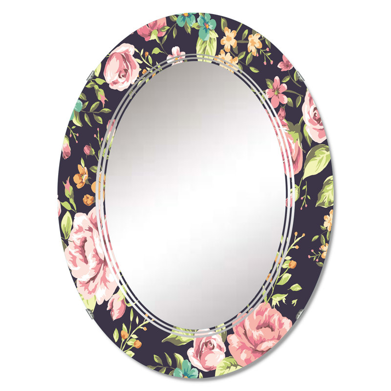 Miroir mural rétro à motif de roses rétro bleu foncé, 30 po x 20 po