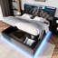 Très grand lit avec 360 DEL innovantes, rangement hydraulique, type C, lin gris, lit rembourré Peaceful Sleep, éclairage à DEL, lin-178627837-178627825