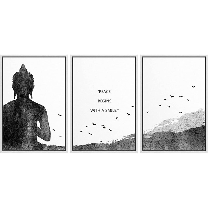Ensemble d'œuvres d'art mural sur toile, Bouddha, L 48 po x H 24 po, Cadre blanc