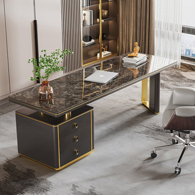 Black+Gold Rectangular Sintered Stone+Manufactured Wood+Stainless Steel Writing desk with drawers desk