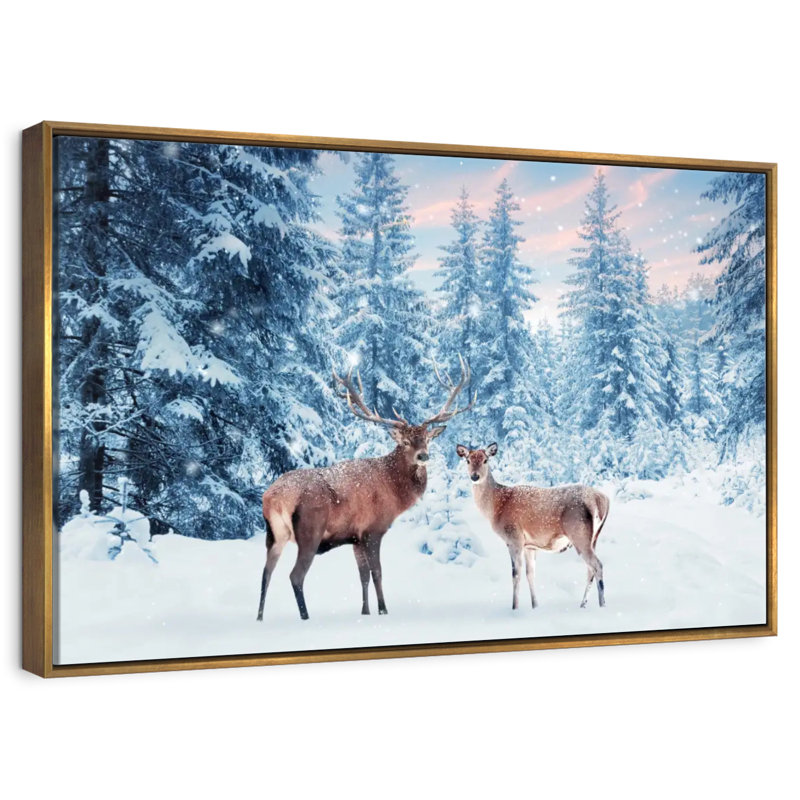 Cerf Winter Wonderland, Cadre flottant doré, 37 po x 25 po