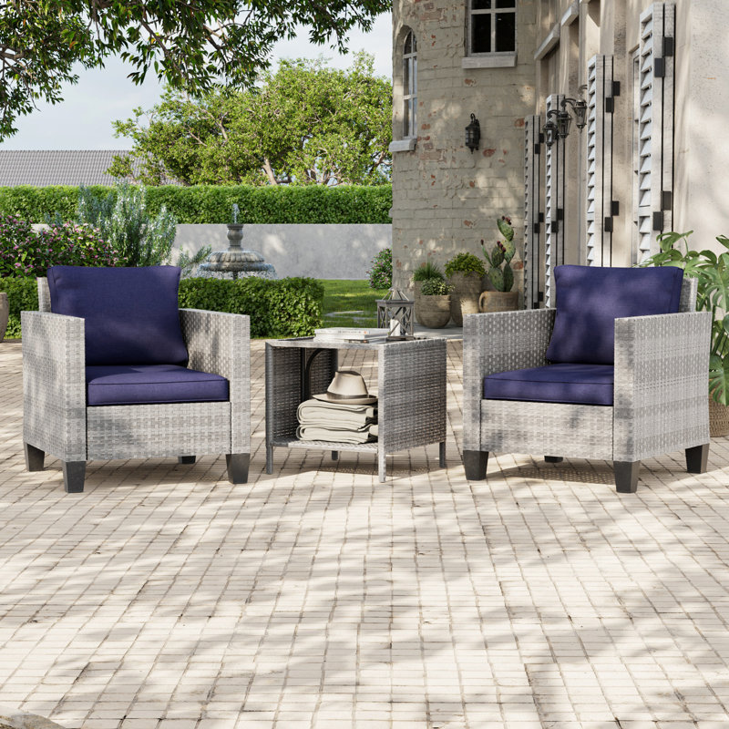 3-Set Outdoor PE Wicker Chair Wide Seat High Back Sofa Chair With Coffee Table Design for Lawn, Patio and Porch, Navy, Gray