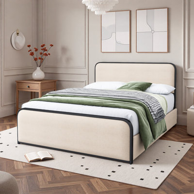 Lit moderne en métal avec tête de lit tapissier courbée et pied de lit avec 4 tiroirs de rangement