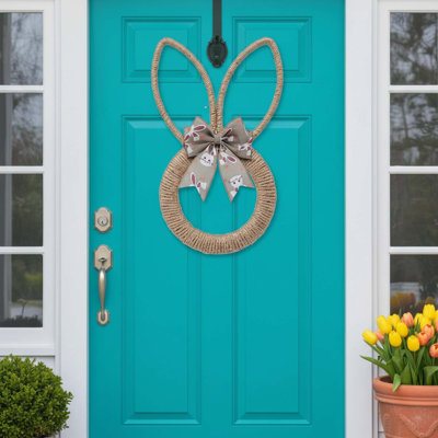 4 ensembles de 40 cm de supports en fil de fer en forme de lapin de Pâques, avec ruban et laine, pour décoration de porte d'entrée, mur, fenêtre ou porche.
