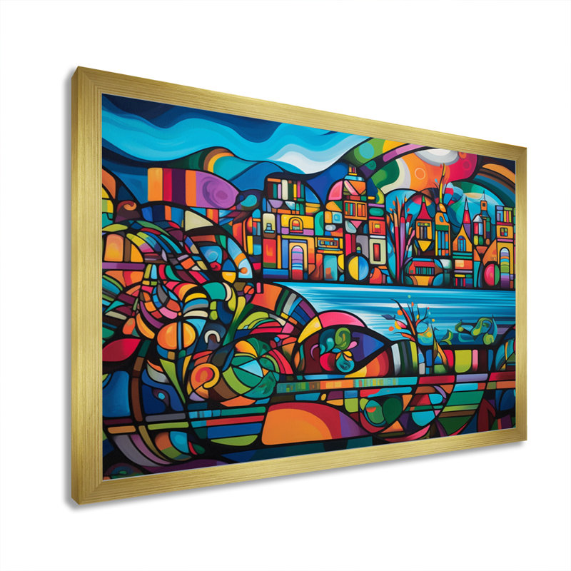 «Blue and Red Cityscape Unveile», reproduction d'art sur toile, H 16 po x l 32 po x P 1 po, Encadrement doré