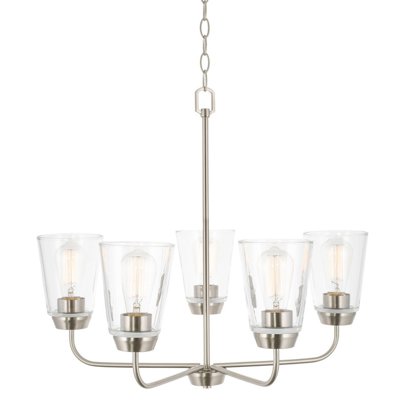 Grand lustre moderne 5 lumières Winston Porter Adonys + abat-jour en verre transparent, chaîne réglable, finition nickel brossé