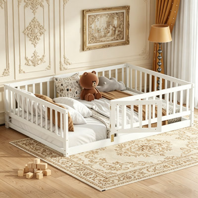 Modern Floor Bed, Solid Wood Toddler Bed Frame With Safety Guardrails, Door And Slat Support, Low Profile Kids Floor Bed For Boys Girls, No Box Spring Needed(White/Oak）