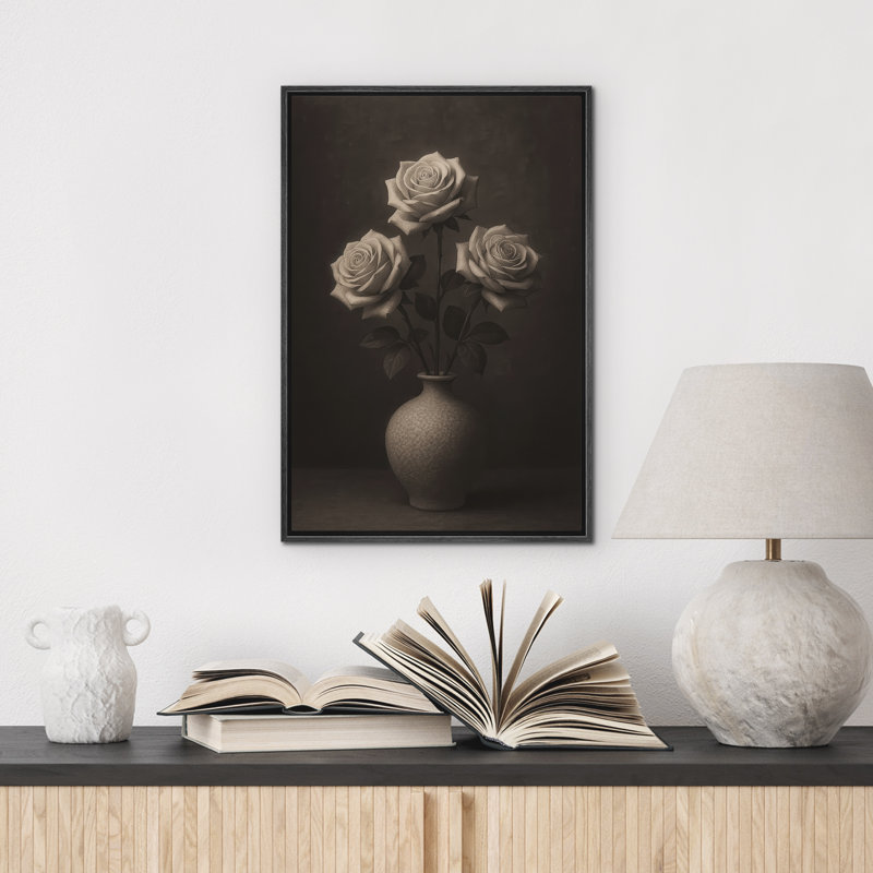«Three Roses White in Elegant Vase Floral Still Life», reproduction d'art sur toile encadrée dans la chambre principale, Noir