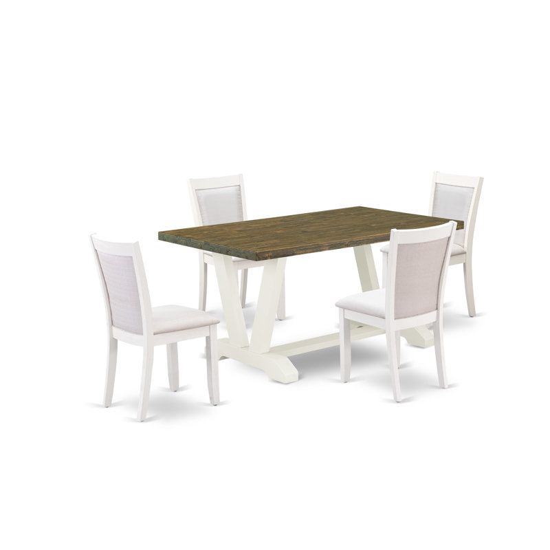 5-Piece Dinette Set Consists of a Distressed Jacobean Kitchen Table and 4 Cream Linen Fabric Padded Chairs with High Back - Wire Brushed Linen White