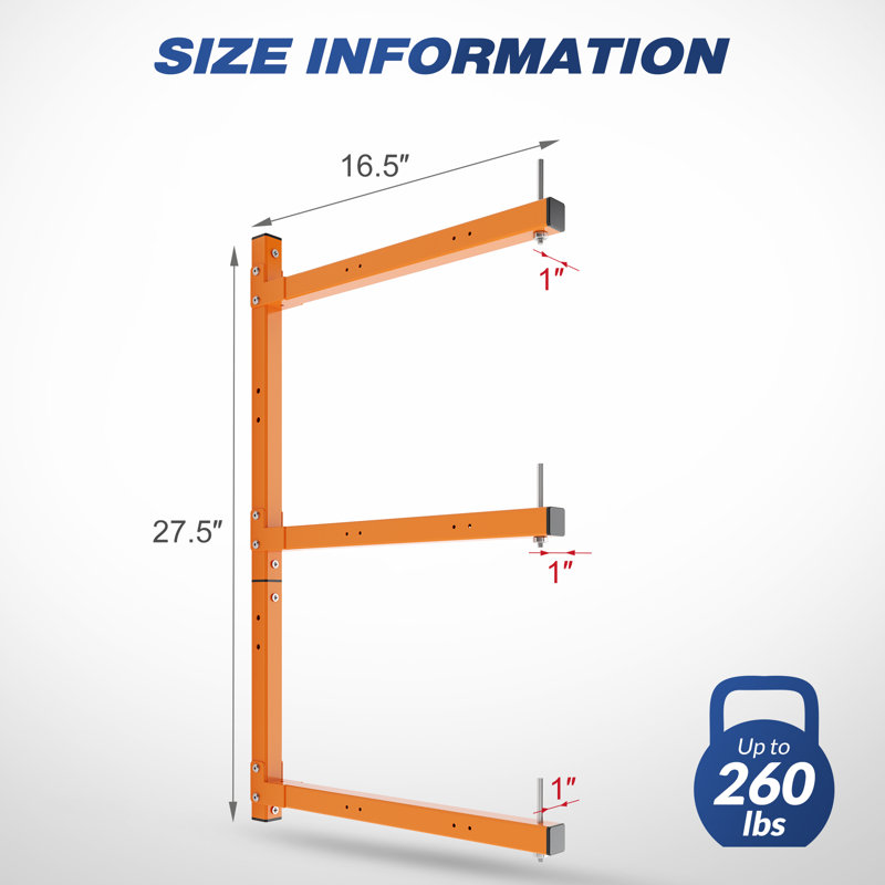 Ensemble de 4 tablettes à bois murales, rangement en bois robuste à 6 niveaux, étagères de garage en métal orange pour l'intérieur et l'extérieur