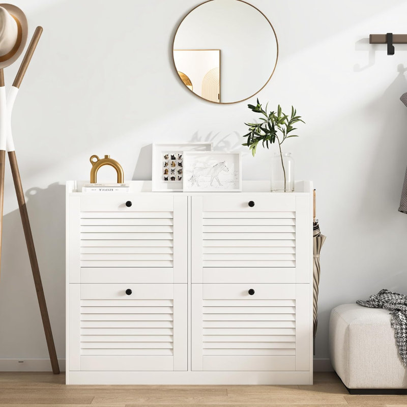 Hallway Large Shoe Storage Cabinet w/ 4 Flip Drawers, Freestanding Narrow Shoe Organizer w/ Hooks and Storage, Hidden Shoe Organizer