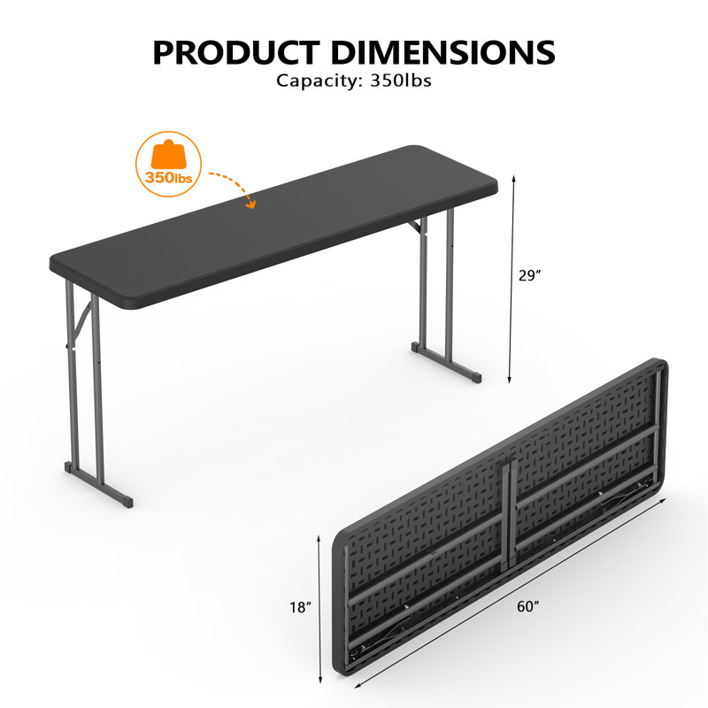 Table pliante étroite 5 pi ， Noir, H 29 po x L 60 po x P 18 po, Noir