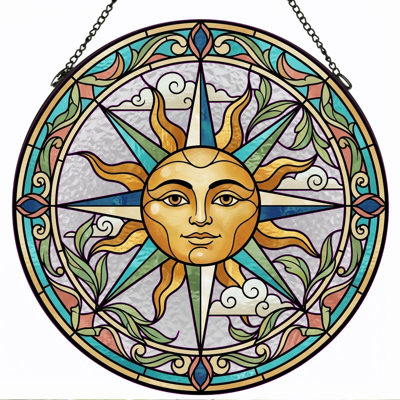 Sun Face Stained Glass Window Panel，7.8H