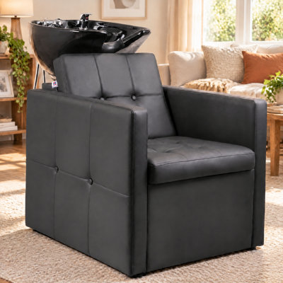 Fauteuil de shampooing avec repose-nuque entièrement noir, fauteuil de lavage avec lavabo en céramique,