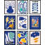 Motif de fleurs botaniques abstraites bleues Mid-Century bleu bohème 9 pièces-92573872-92573867