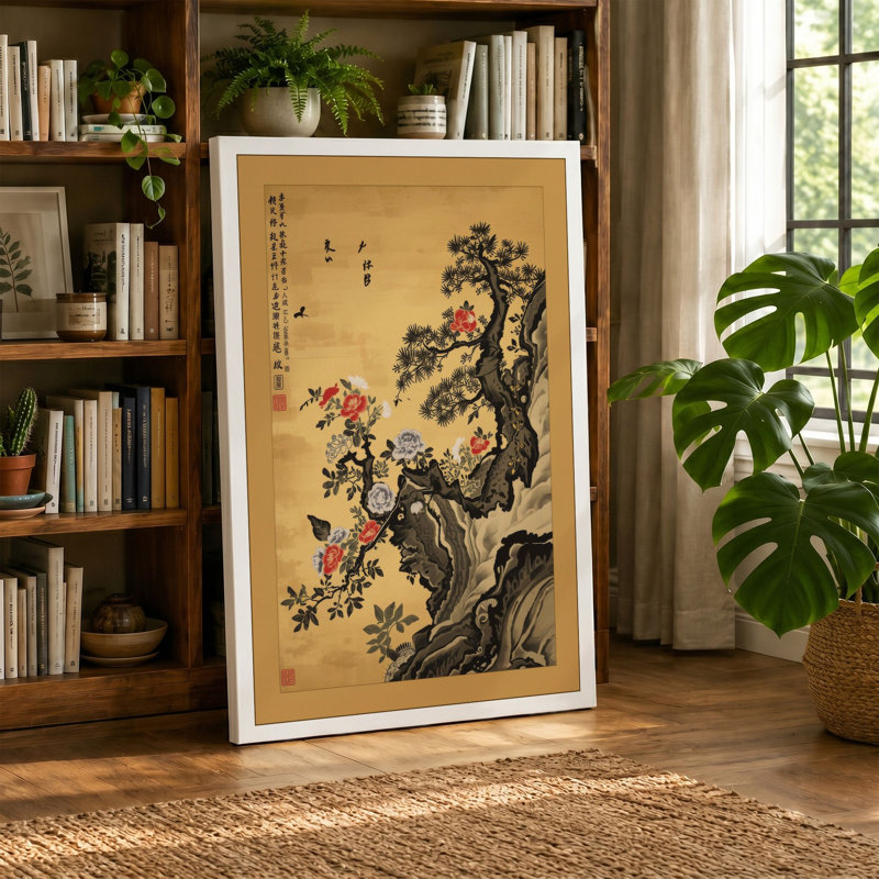 Blossoms in Flight Japandi - Wrapped Canvas, 30x20 - 76.2 x 50.8 cm, Black Border