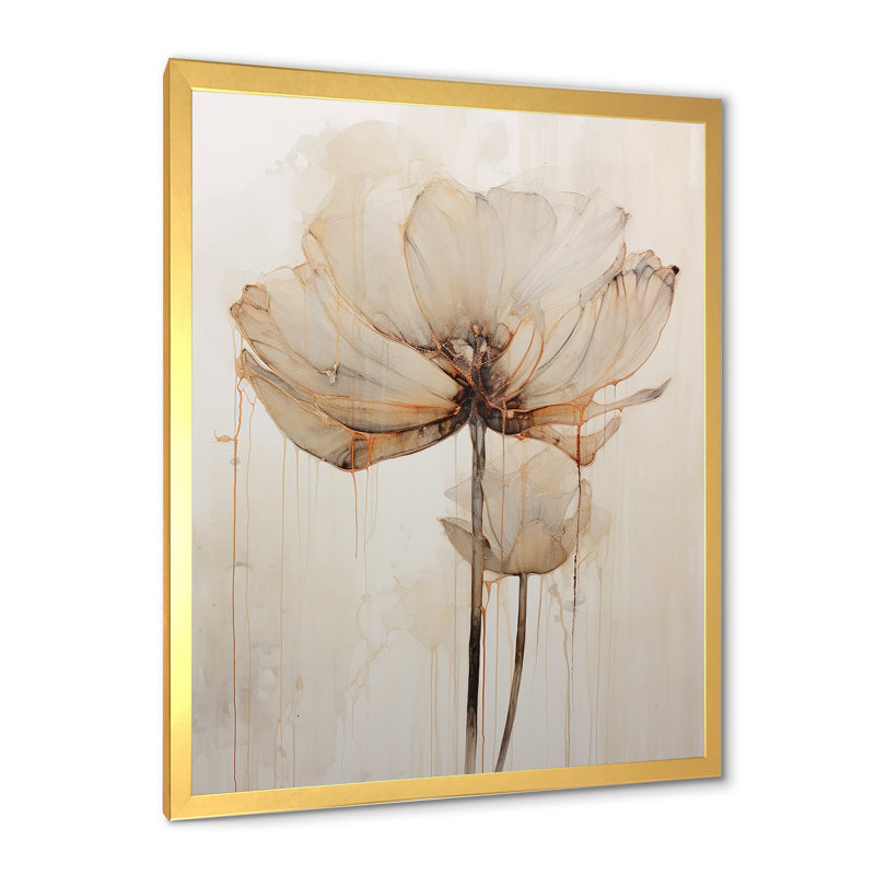 «Beige Lotus Reflections I» sur toile, Cadre photo doré simple, H 44 po x l 34 po x P 1,5 po