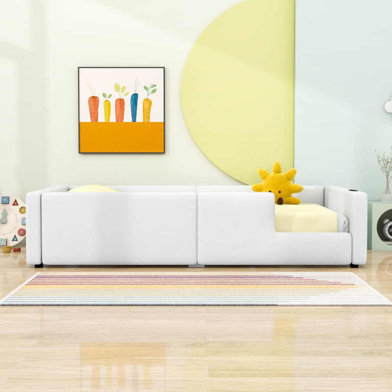 Lit plateforme simple tapissier avec garde-corps et station de charge, Blanc