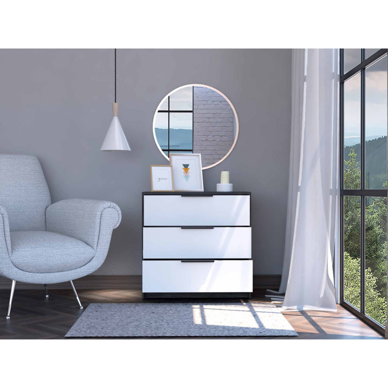 Commode compacte à trois tiroirs Kaia, option de rangement dans la chambre à coucher, Gris / chêne