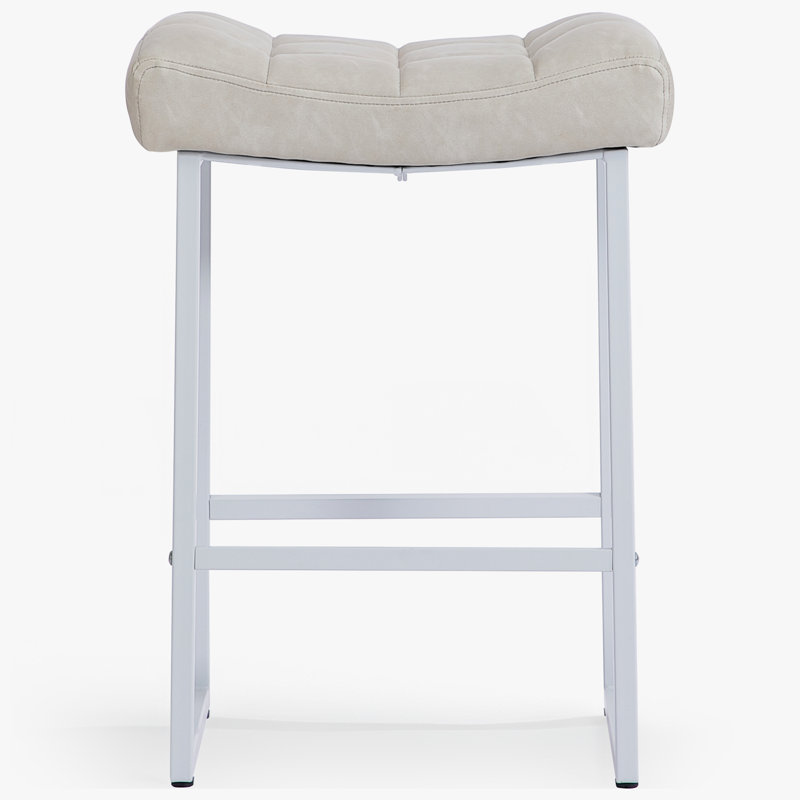 Faux Leather Wide Cushion Bar Stool, White Seat/White Frame