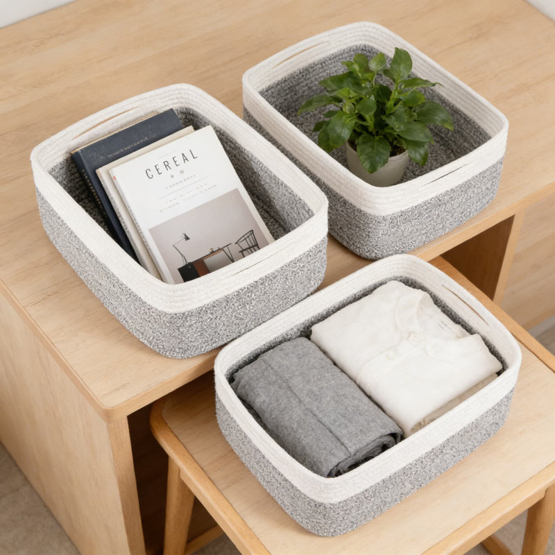 Woven Storage Baskets 3-Pack, Foldable Organizer Bins For Shelves, Closet, Nursery, And Toy Storage, Handmade From Soft Natural Cotton Rope