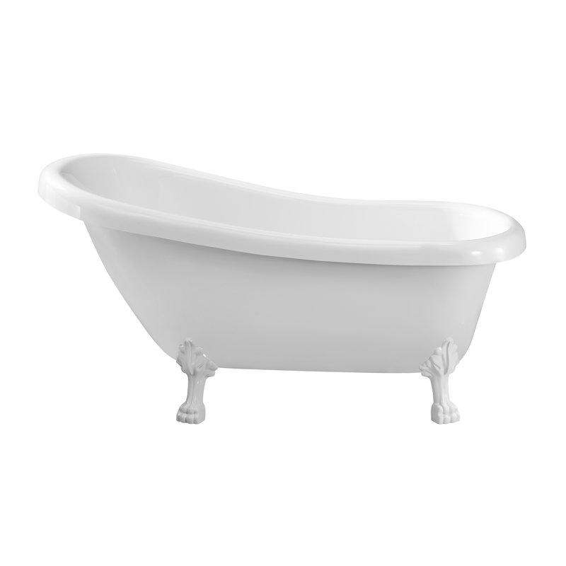 61" Streamline Clawfoot Soaking Acrylic Bathtub With Drain, Clawfeet, and Bamboo Tray, Glossy White, Matte Pink