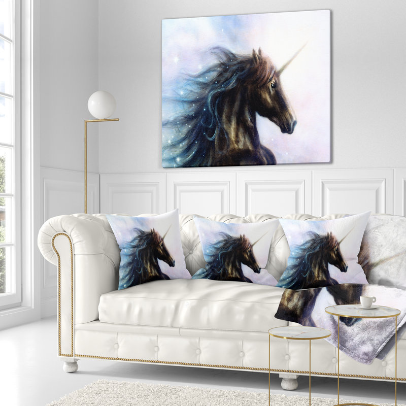 Licorne noire - coussin imprimé animal, 18 po x 18 po, Coussin décoratif