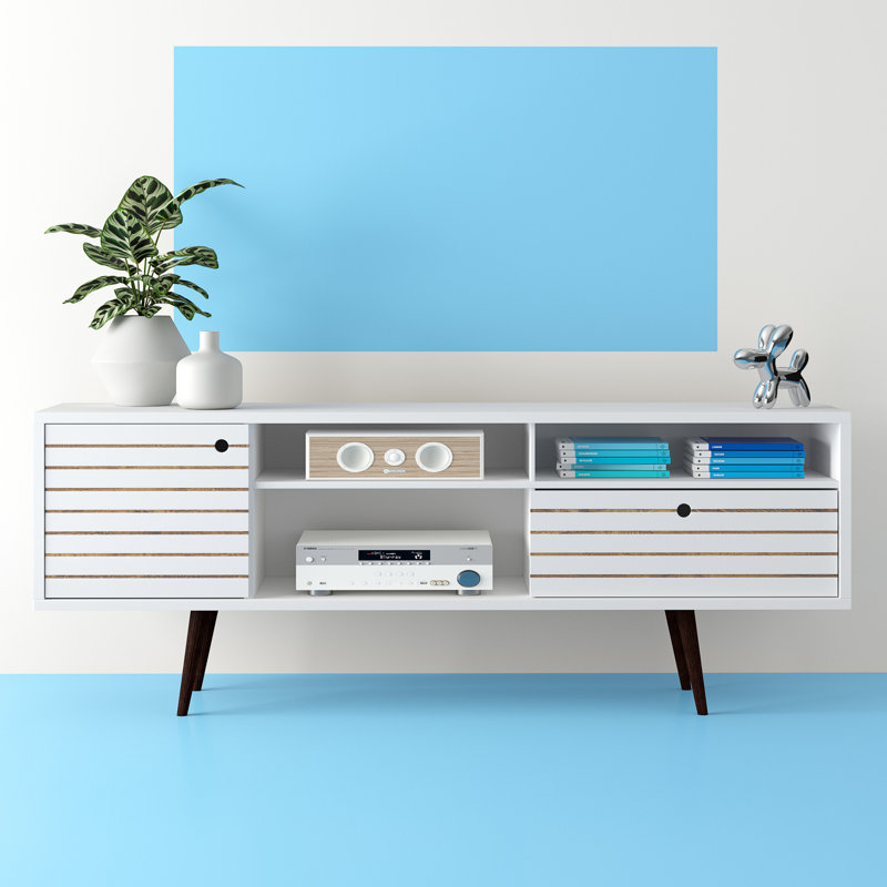 Liberty 71" Mid-Century Modern TV Stand with 4 Shelves and 1 Drawer for TVs up to 65" in White, White