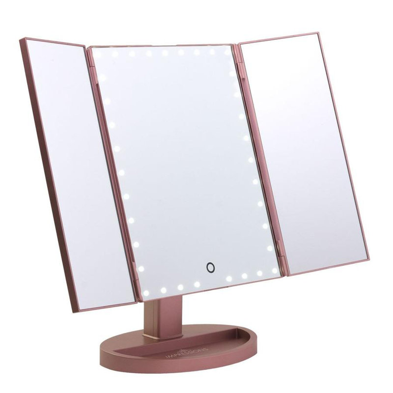 Touch Trifold XL Dimmable LED Makeup Mirror with Standing Base Vanity Dressing Mirror with USB Cable, Rose Gold