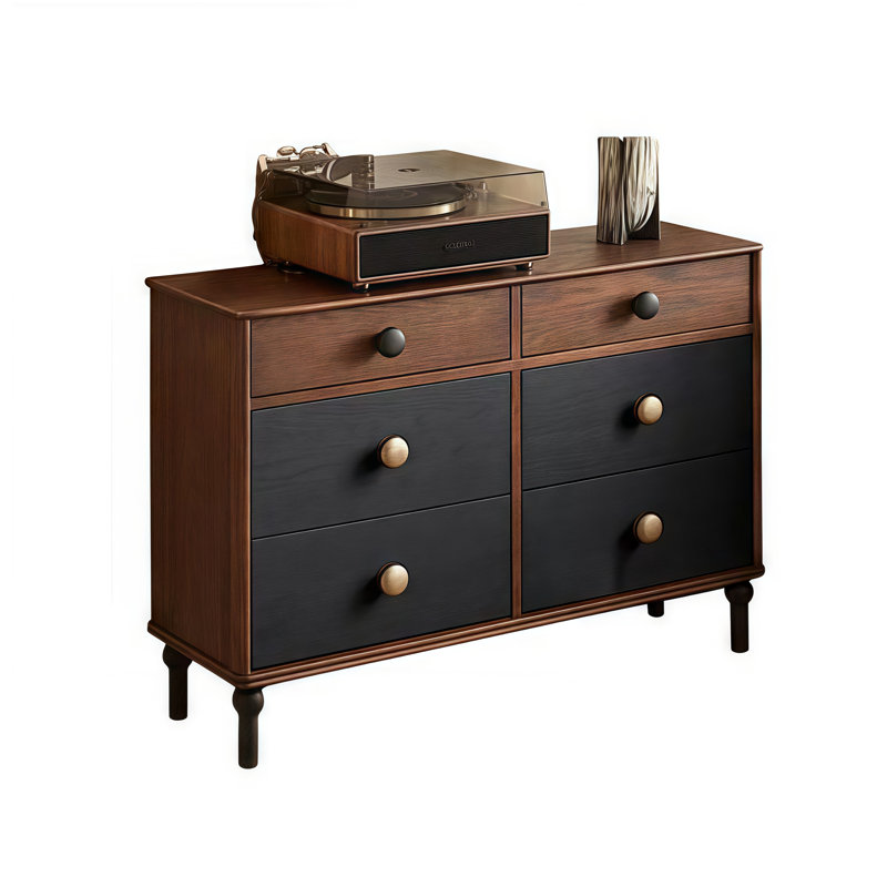 Vintage 6-Drawer Storage Cabinet Sideboard, Black/Walnut