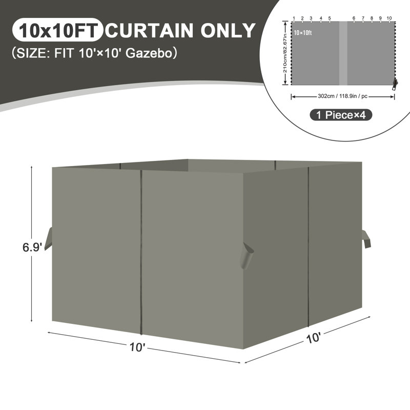 Aoodor Replacement 4-Panel Gazebo Sidewall Curtains, Gray, 82.7" H x 120" W x 120" D