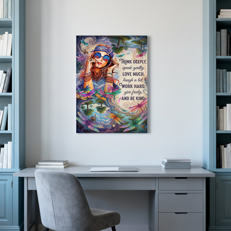 Ensemble de 1 toile tendue ornée de libellules et d'une citation inspirante, H 18 po x l 12 po