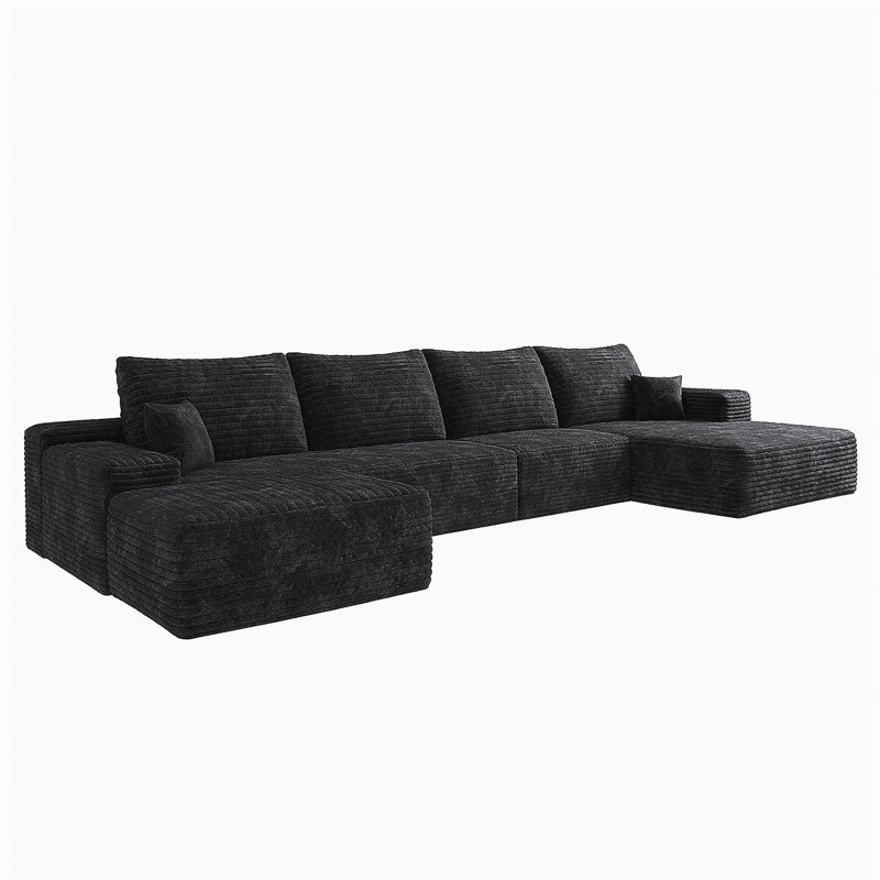 Ensemble de canapé de 107 pouces avec 1 repose-pieds, canapé en tissu simple et moderne, canapé en forme de U confortable, convient au salon, canapé d'angle à siège profond, aucun assemblage requis, noir (tissu en flanelle douce)