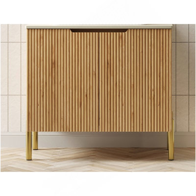 Comptoir en pierre frittée autoportante 30 po à motif de travertin Roma et armoire en contreplaqué à grain de bois naturel avec deux portes, sans lavabo, sans robinet ni couvercle d'évier