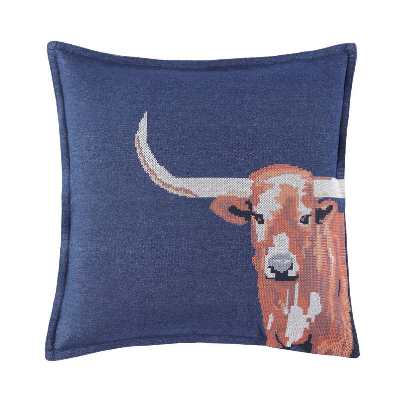 Denim Cross Stitched Embroidered Longhorn Decorative Throw Pillow 20 X 20 Inch