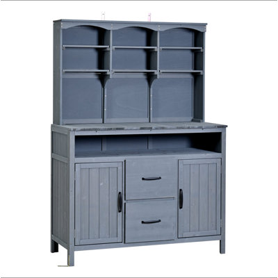 Large Fir Wood Potting Bench, 45.3''L Multi-Functional Outdoor Patio Kitchen Island with Hutch, Cabinets, Drawers & Hooks , Large Countertop for Gardening, Grill