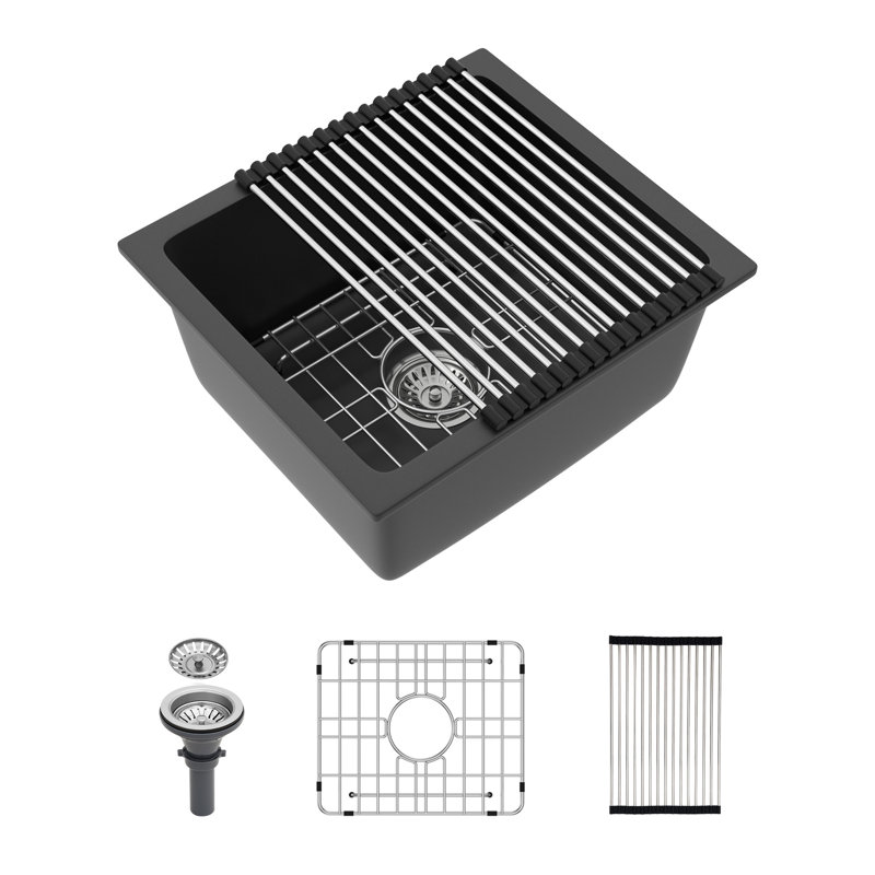 Évier de cuisine en quartz - Évier de cuisine en granite noir encastrable 17,71 po x 15,74 po, Noir