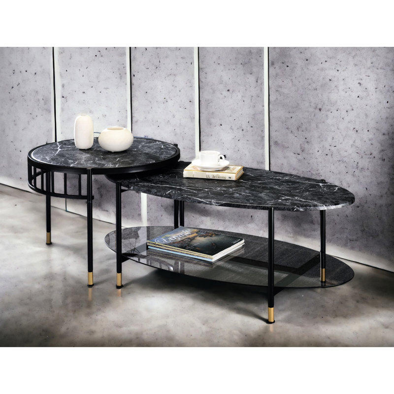 2 tables gigognes avec surface en pierre reconstituée et base en métal