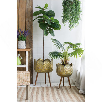 Set Of 2 Metal Planter With Wood Legs Stand, L:D18.5X23.5" S:D15.7X20"