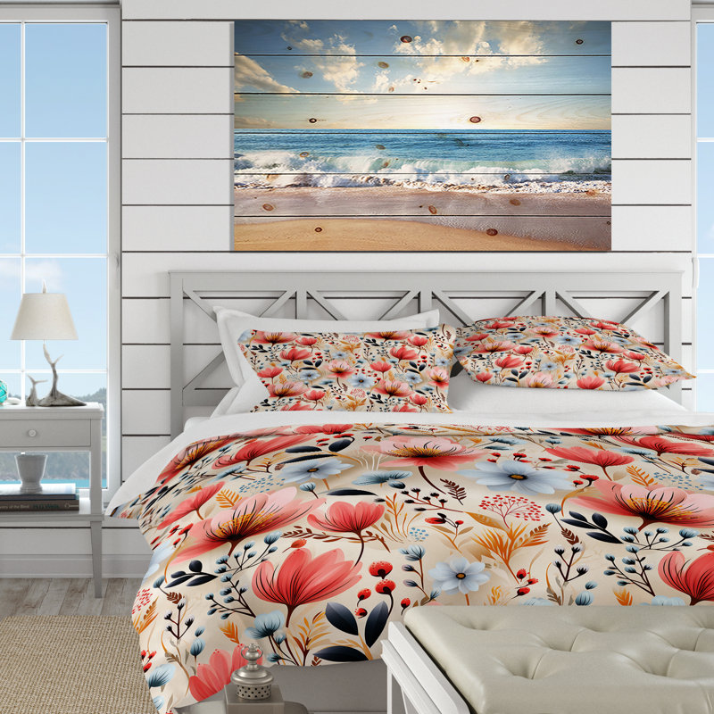 Ensemble de housse de couette bleu et corail Poppy Dreams I, Housse de couette pour très grand lit et 2 très