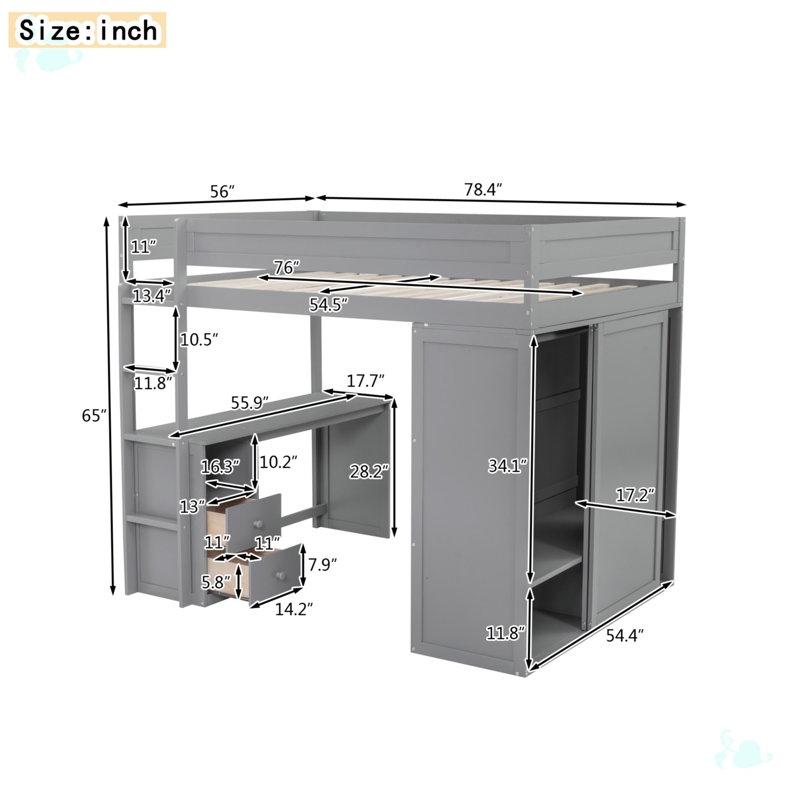 Lynbrook Kids Loft Bed, Gray, Full