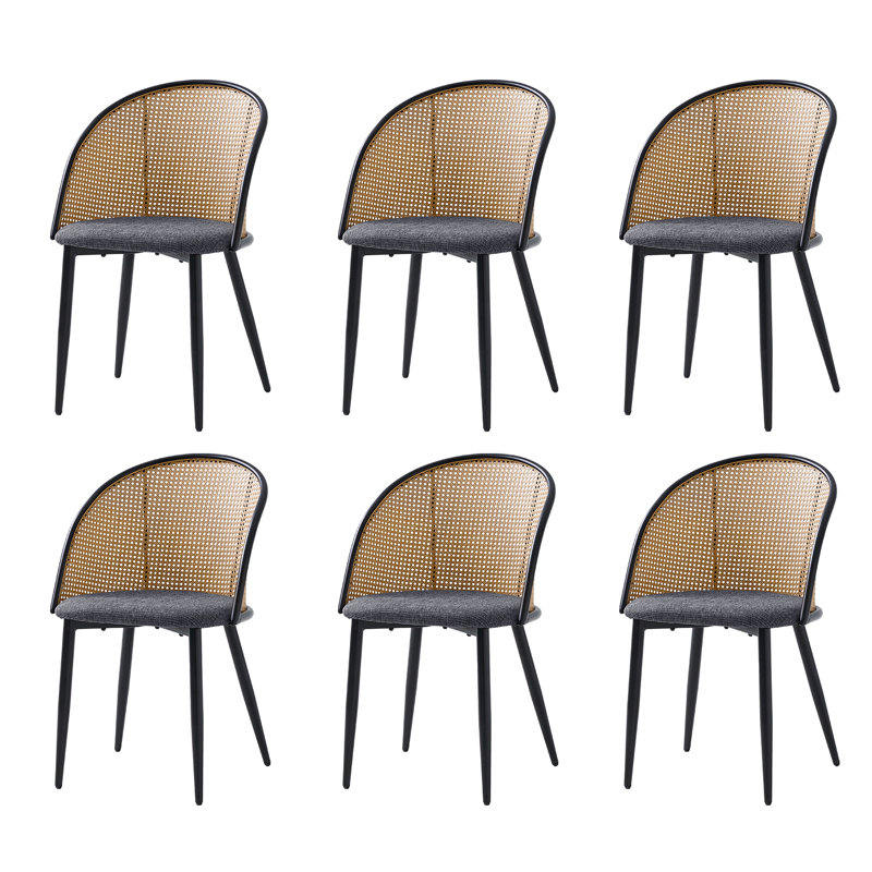 Anita Mid-Century Modern Dinning Chair with Rattan Hollow Backrest, 6, Black