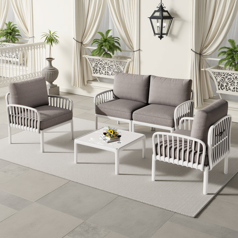 Ensemble de canapé d'extérieur 4 pièces avec table basse en verre, ensemble de conversation pour patio avec causeuse et chaises