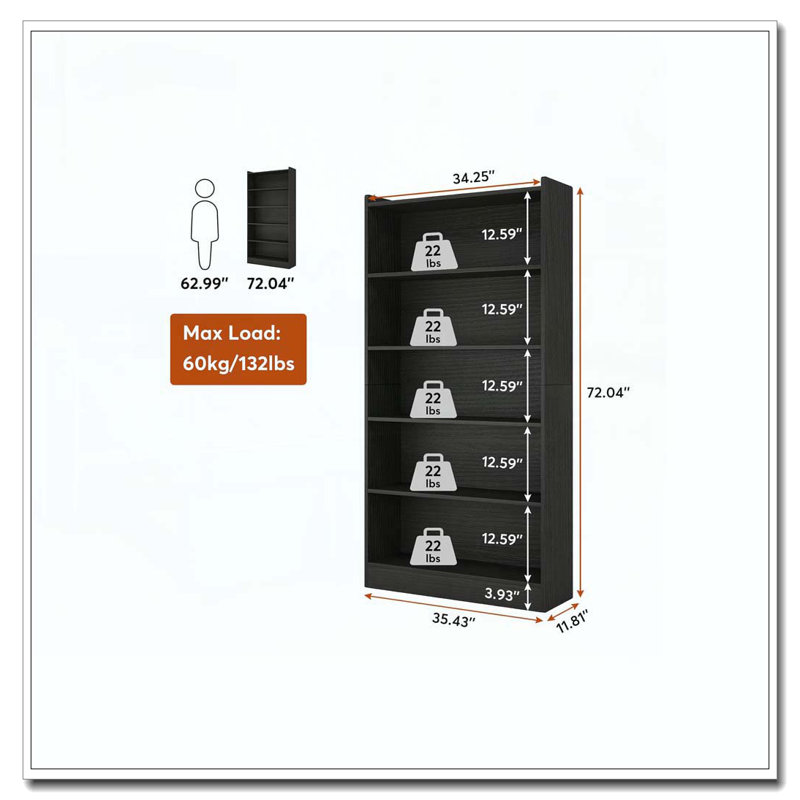 6-Tier  Library Bookshelf With Storage For Living Room, Office, Bedroom, (6 Shelves) 70.87"H x 35.43"W x 11.81"D, Black