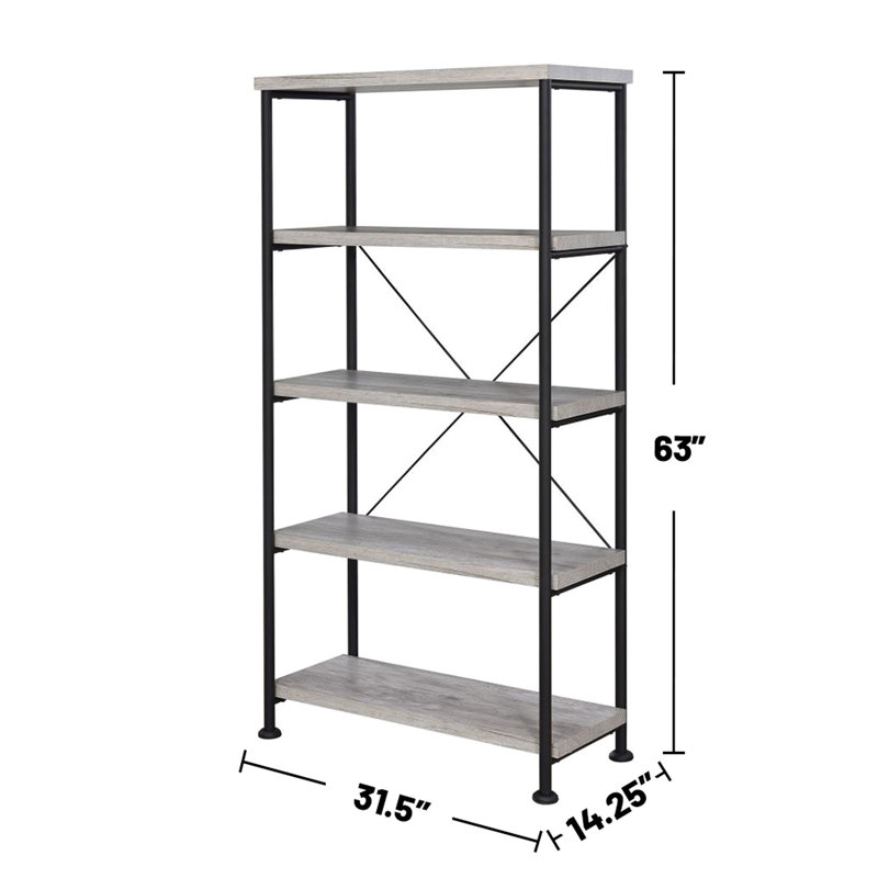 Bibliothèque à 4 tablettes avec cadre en métal noir et tablettes en bois flotté gris