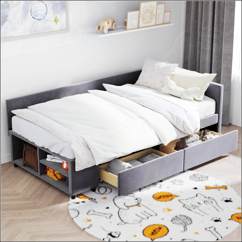 Twin Size L-Shaped Upholstered Platform Bed With Storage And Drawers, Grey
