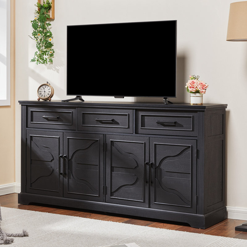 63" Farmhouse Sideboard Buffet Cabinet With 3 Drawers And 4 Doors, Black