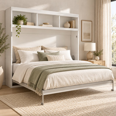 Lit escamotable horizontal pleine grandeur Wallqora avec armoire de rangement supérieure, lit escamotable peu encombrant, structure en métal, lattes en bois massif multicouches, pieds automatiques, assistance hydraulique à deux niveaux