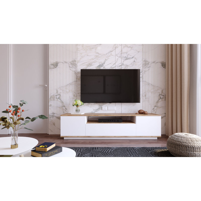 Meuble télé moderne avec portes à pousser, pin atlantique et blanc, 70,9 po x 17,6 po x 17,6 po | 100% panneau de particules enduit de mélamine, épaisseur: 0,7 pouce | Design scandinave, élégant et fonctionnel pour le salon et les espaces de divertissement